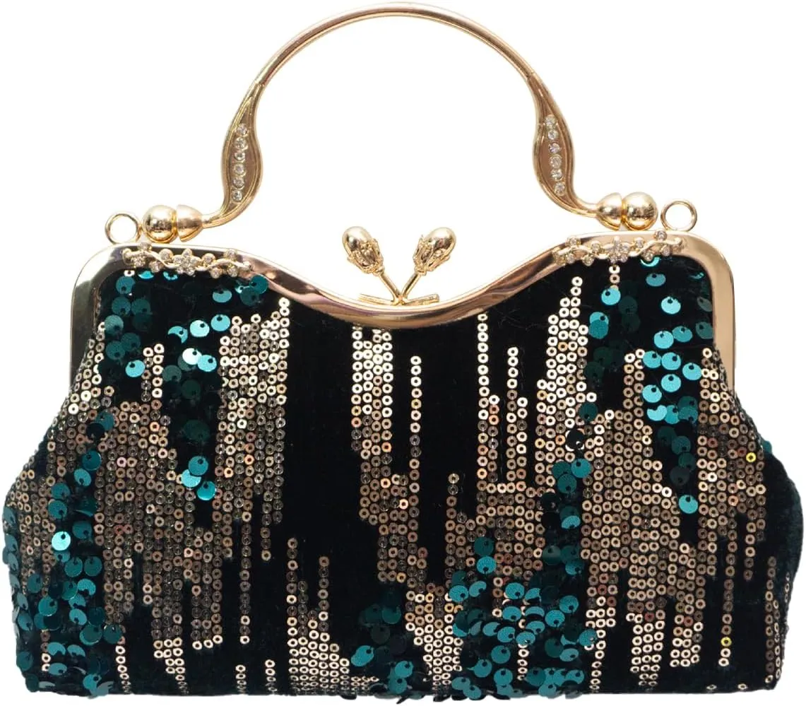 Vintage 1920s Clutch Bag Women Velvet Evening Bag Sparkly Sequin Handbag Crystal Shoulder Bag Bridal Wedding Purse