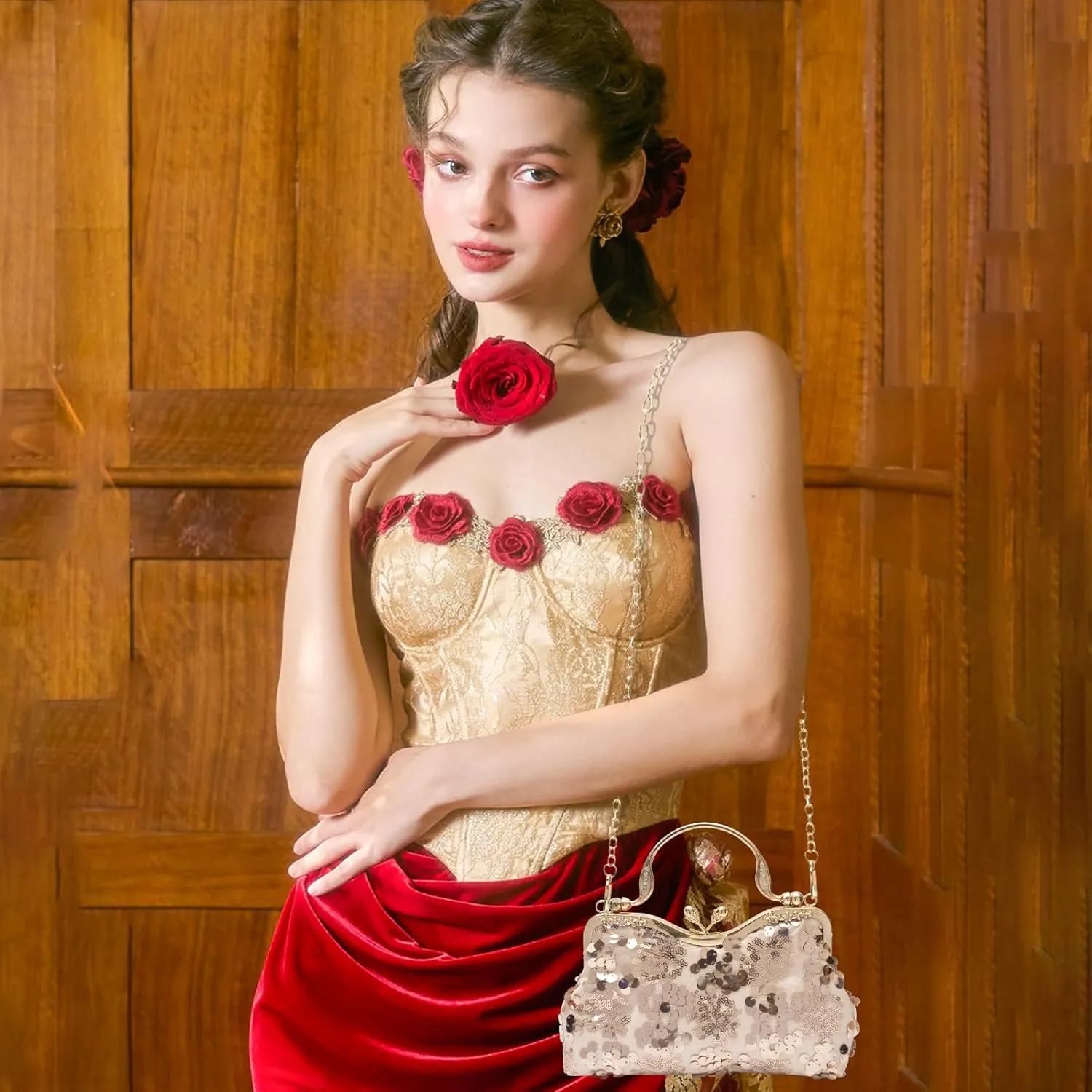 Vintage 1920s Evening Bag for Women Velvet Clutch Bag Sparkly Sequin Handbag Bridal Wedding Purse