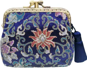 Vintage Brocade Buckle Coin Purse Kiss-lock Wallet for Women(blue tassels)