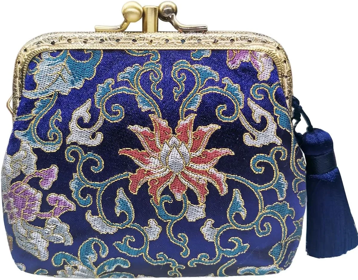 Vintage Brocade Buckle Coin Purse Kiss-lock Wallet for Women(blue tassels)