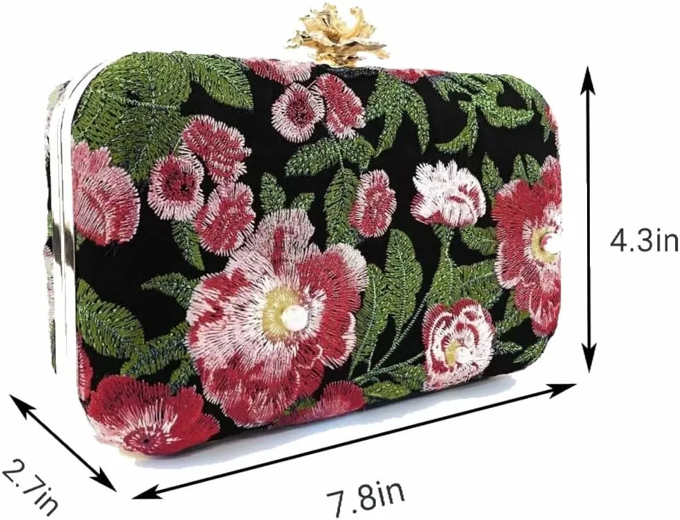 Vintage Embroidered Clutch Purse Floral Handbag Pearl Evening Chain Shoulder Bag Small Clutch Purses for Women Wedding Guest
