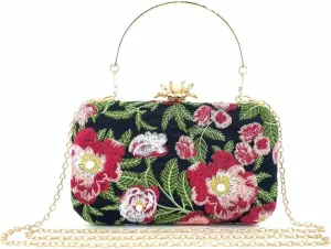 Vintage Embroidered Clutch Purse Floral Handbag Pearl Evening Chain Shoulder Bag Small Clutch Purses for Women Wedding Guest