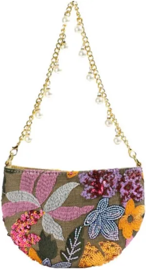Vintage Embroidered Floral Clutch Purse for Women Beaded Pearl Evening Chain Shoulder Bag Flowers Cut at Random