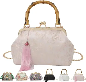 Vintage Embroidered Flower Handbag, Pearl Crossbody Bag, Flower Embroidery Rustic Shoulder Bag with Kiss Lock for Women
