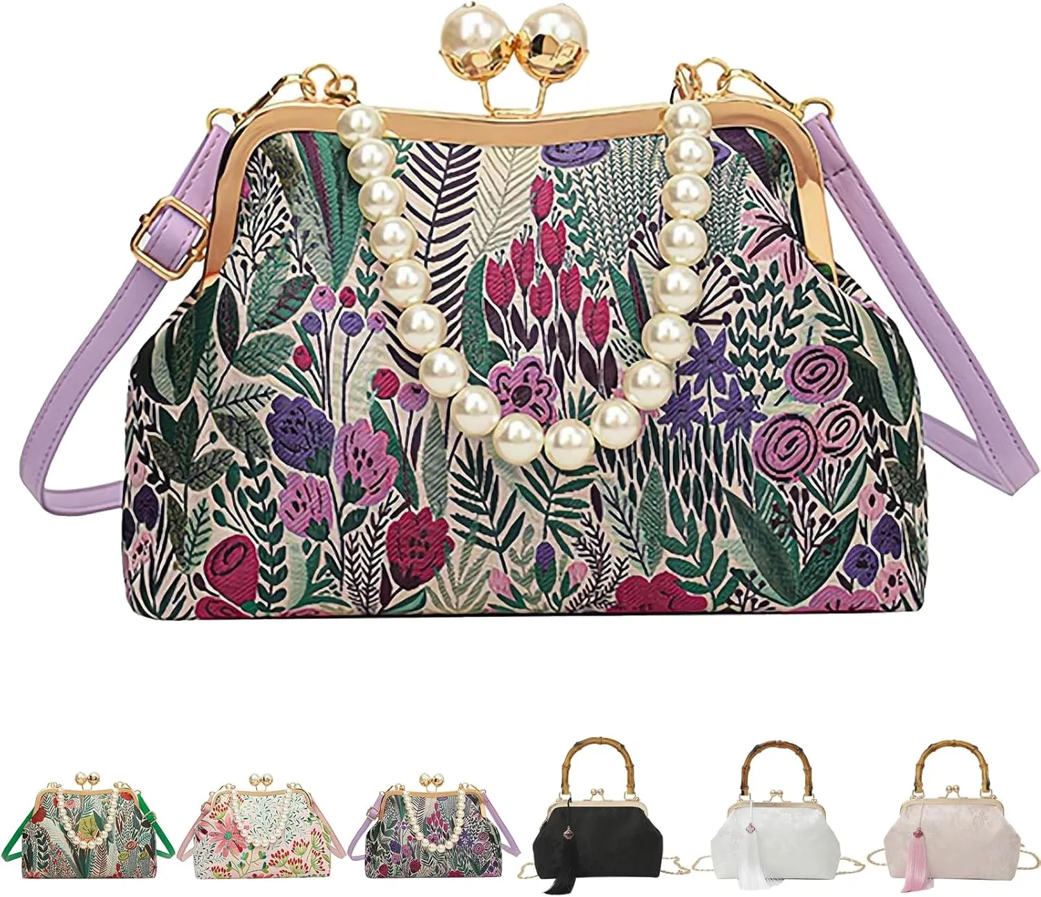 Vintage Embroidered Flower Handbag, Pearl Crossbody Bag, Flower Embroidery Rustic Shoulder Bag with Kiss Lock for Women
