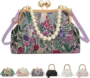 Vintage Embroidered Flower Handbag, Pearl Crossbody Bag, Flower Embroidery Rustic Shoulder Bag with Kiss Lock for Women