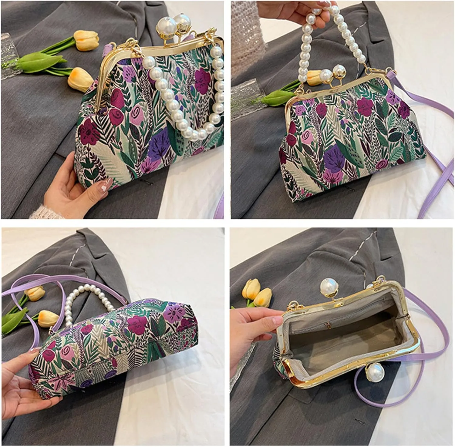 Vintage Embroidered Flower Handbag with Kiss Lock, Adjustable Strap for Weddings, Parties & Evening Events