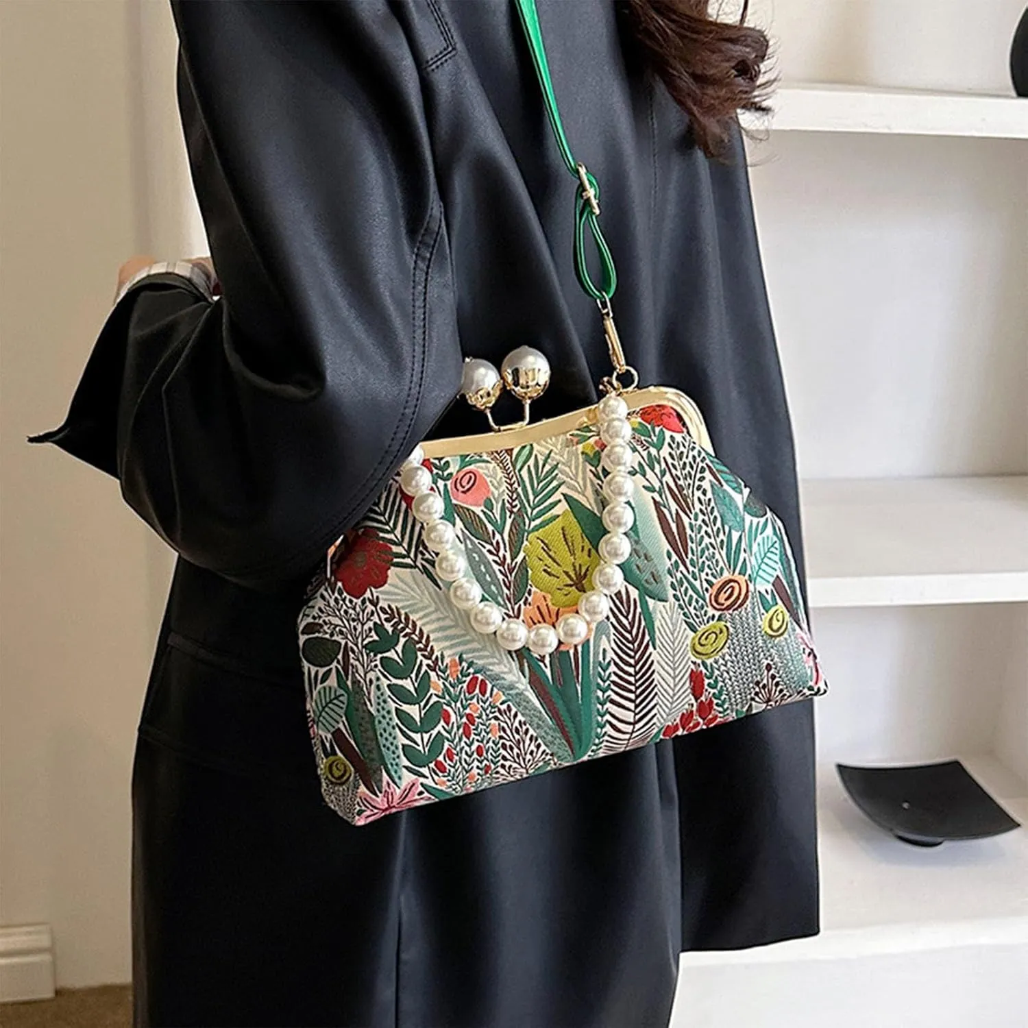 Vintage Embroidered Flower Handbag with Kiss Lock, Adjustable Strap for Weddings, Parties & Evening Events