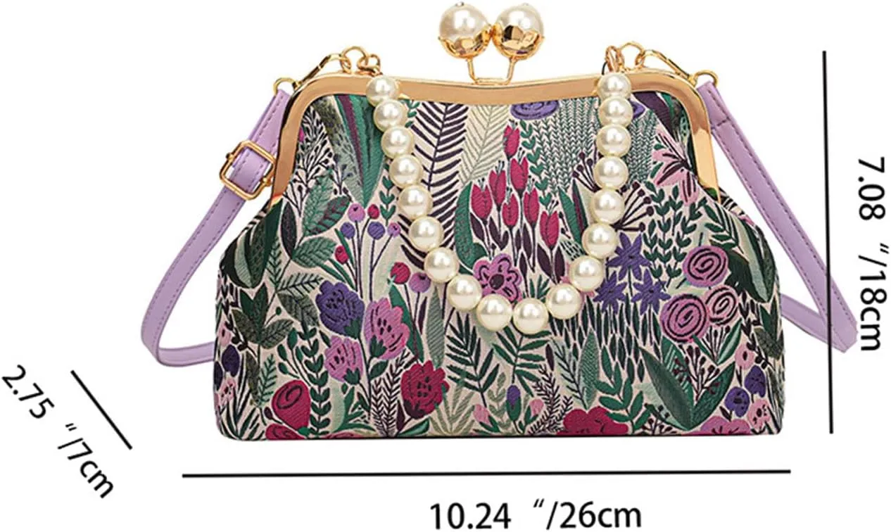 Vintage Embroidered Flower Handbag with Kiss Lock, Adjustable Strap for Weddings, Parties & Evening Events