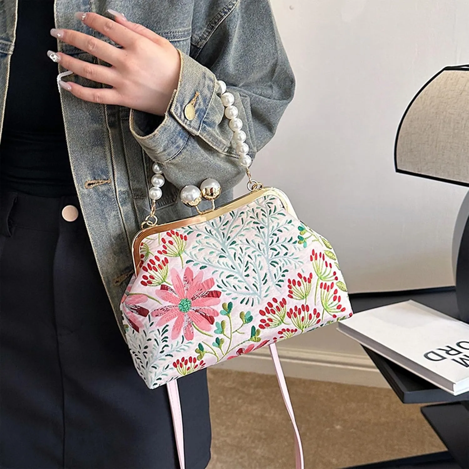 Vintage Embroidered Flower Handbag with Kiss Lock, Adjustable Strap for Weddings, Parties & Evening Events