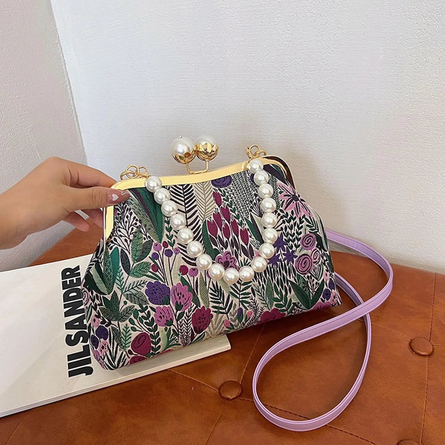 Vintage Embroidered Flower Handbag with Kiss Lock, Adjustable Strap for Weddings, Parties & Evening Events