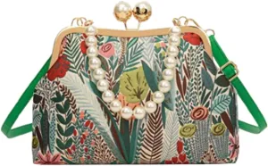 Vintage Embroidered Flower Handbag with Kiss Lock, Adjustable Strap for Weddings, Parties & Evening Events