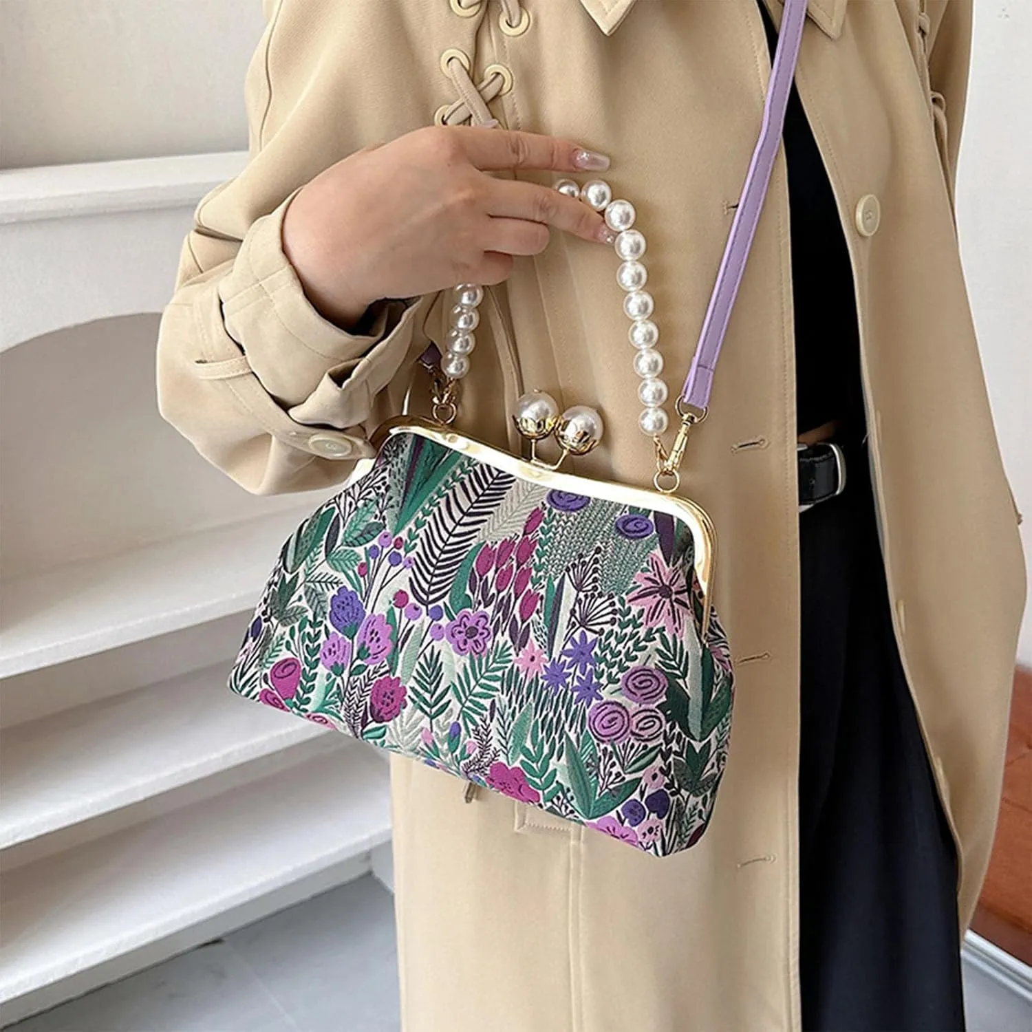 Vintage Embroidered Flower Handbag with Kiss Lock, Adjustable Strap for Weddings, Parties & Evening Events