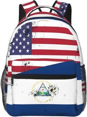 Vintage Half American Nicaraguan Flag Backpack Double Shoulder Bag 15 Inch Laptop Bagpack for Hiking Work Camping Travel