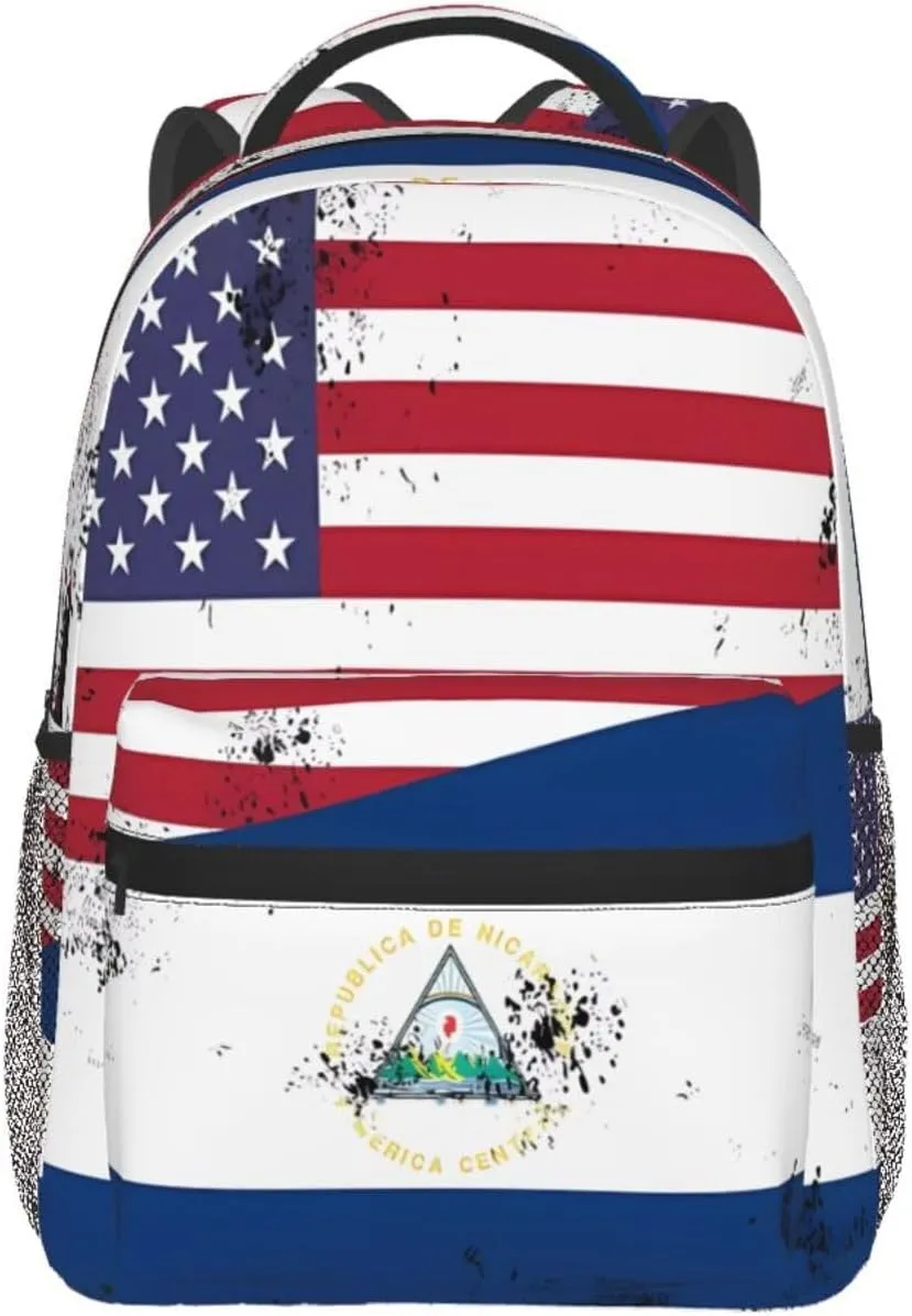 Vintage Half American Nicaraguan Flag Backpack Double Shoulder Bag 15 Inch Laptop Bagpack for Hiking Work Camping Travel