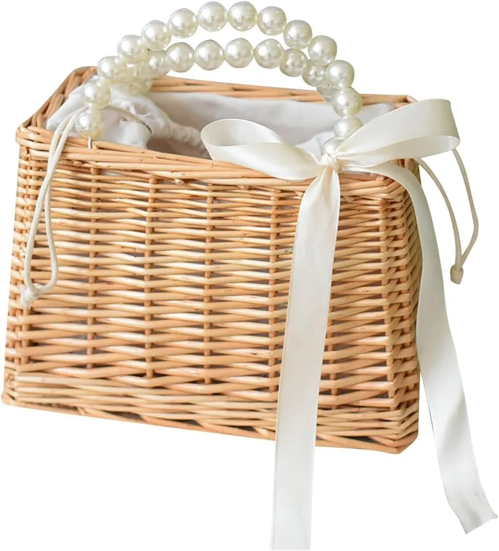 Vintage Handmade Handwoven Pearl Bag Rattan Shoulders Woven Handbags Beach Style Straw Bags