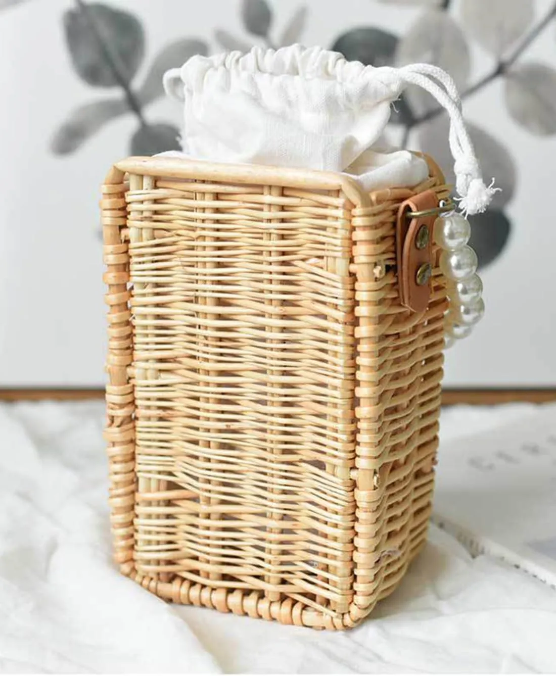 Vintage Handmade Handwoven Pearl Bag Rattan Shoulders Woven Handbags Beach Style Straw Bags