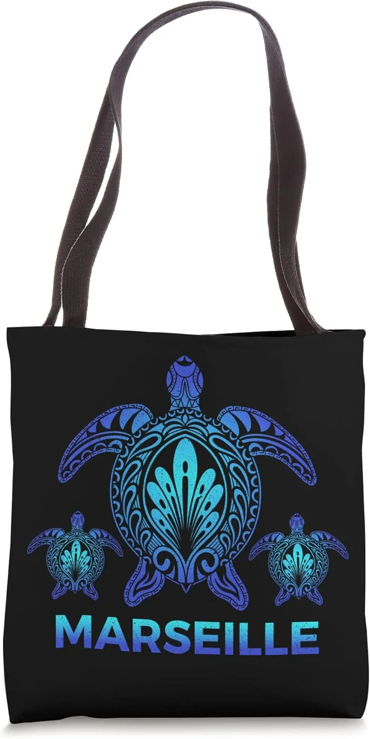 Vintage Marseille France FL Ocean Blue Sea Turtle Souvenirs Tote Bag