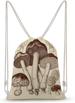 Vintage Mushrooms Drawing Drawstring Backpack for Women Men Drawstring Bag for Travel Swimming Sports Gym Bag