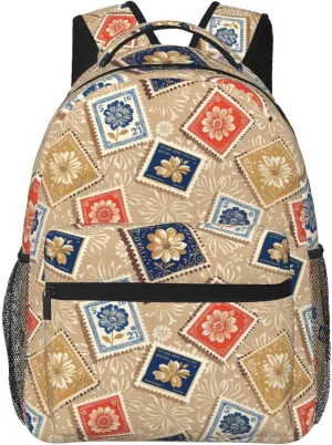 Vintage Stamp and Flowers Adult Backpacks 15 Inch Laptop Backpack Double Shoulder Bag for Work Travel Gifts