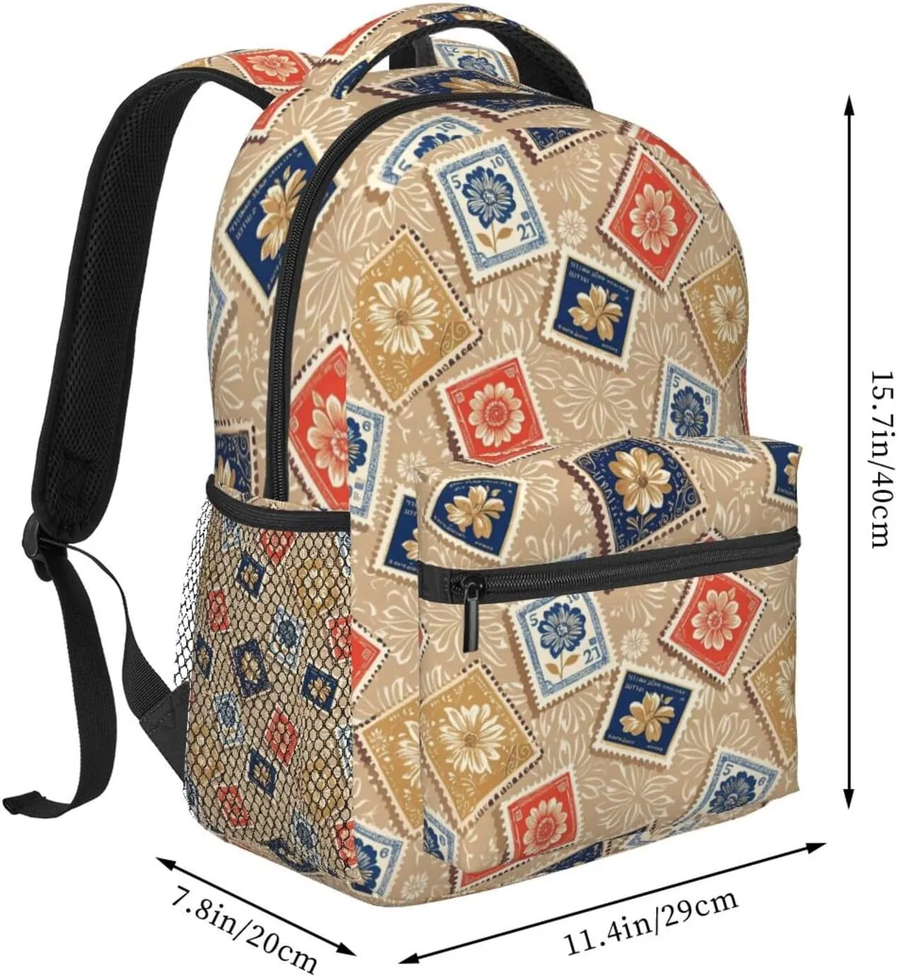 Vintage Stamp and Flowers Adult Backpacks 15 Inch Laptop Backpack Double Shoulder Bag for Work Travel Gifts