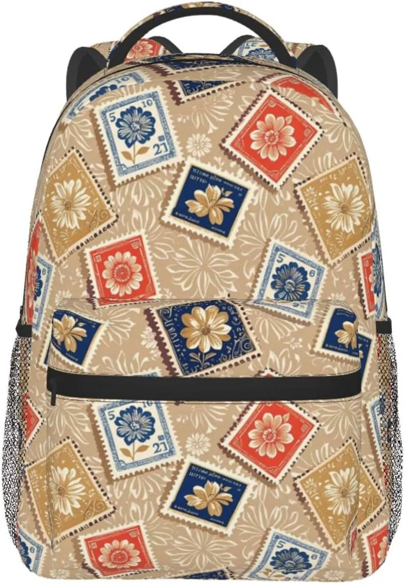 Vintage Stamp and Flowers Adult Backpacks 15 Inch Laptop Backpack Double Shoulder Bag for Work Travel Gifts