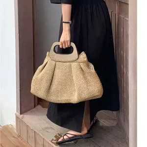 Vintage Wooden Handle Big Straw Tote Bag