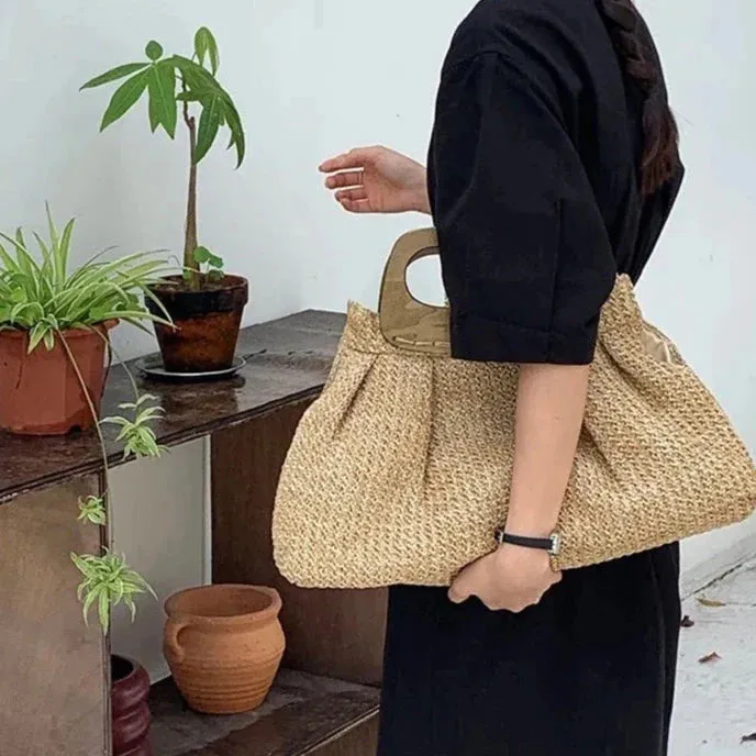Vintage Wooden Handle Big Straw Tote Bag