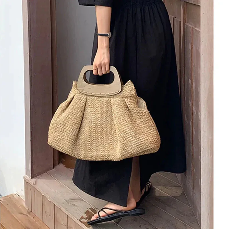 Vintage Wooden Handle Big Straw Tote Bag