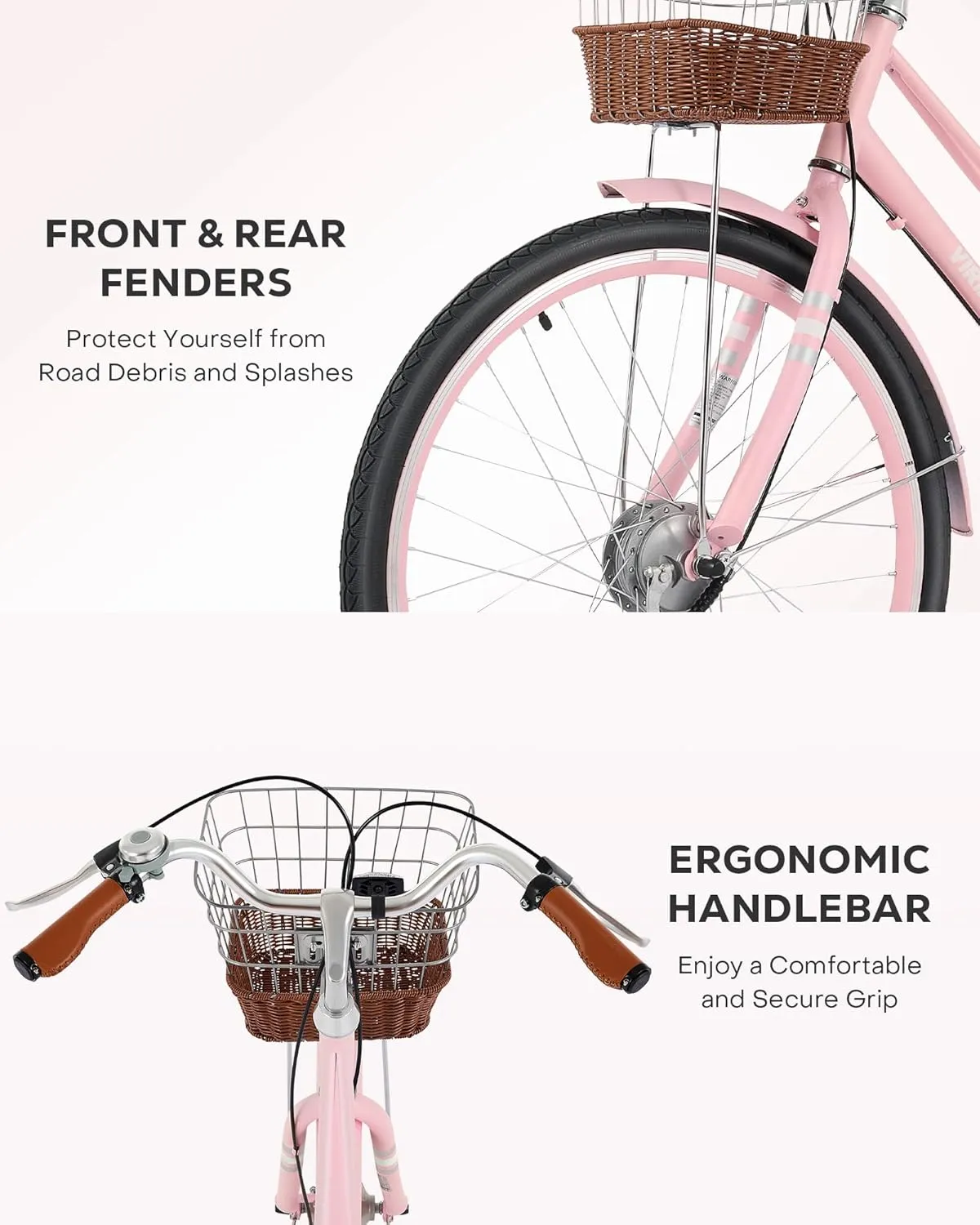 Viribus Beach Cruiser Bike for Women, Step Through Bike with Ratten Basket, Rack & Lock, 24 26 inch 1 Speed, City Commuter Cruiser Bike, Adult Bicycle for Short Ladies Female Seniors 330 lb.