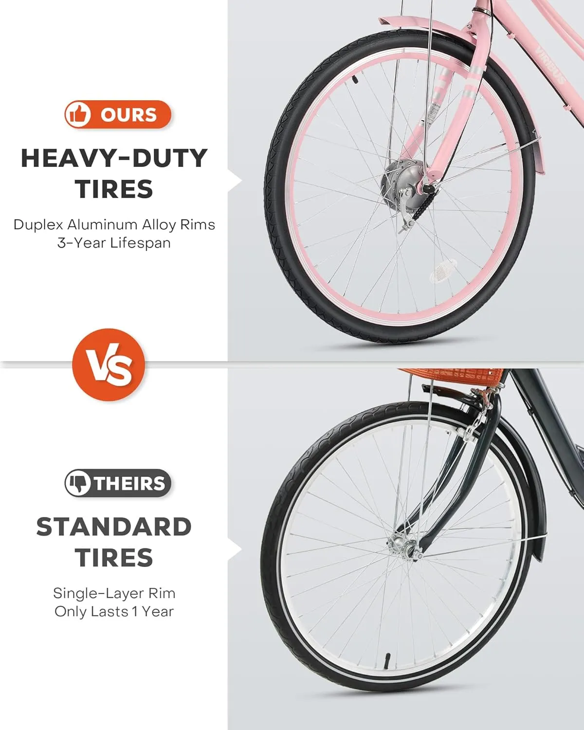 Viribus Beach Cruiser Bike for Women, Step Through Bike with Ratten Basket, Rack & Lock, 24 26 inch 1 Speed, City Commuter Cruiser Bike, Adult Bicycle for Short Ladies Female Seniors 330 lb.