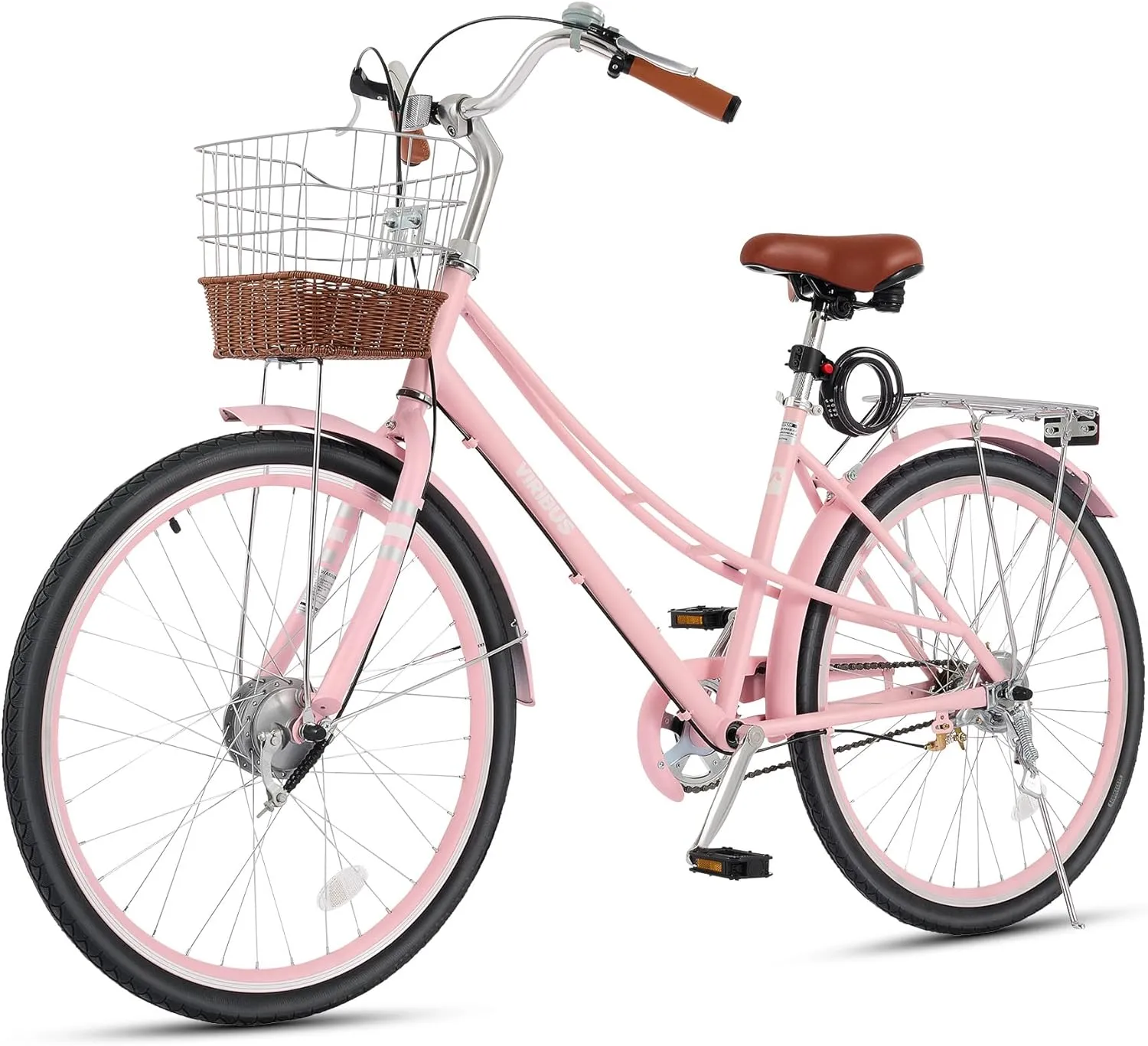 Viribus Beach Cruiser Bike for Women, Step Through Bike with Ratten Basket, Rack & Lock, 24 26 inch 1 Speed, City Commuter Cruiser Bike, Adult Bicycle for Short Ladies Female Seniors 330 lb.