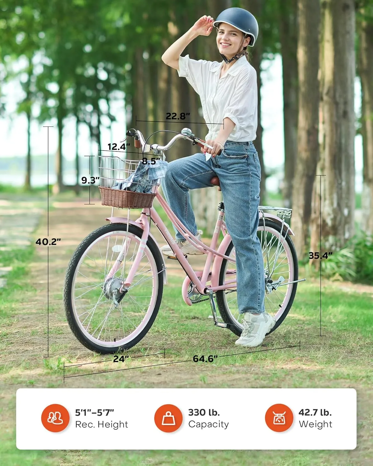 Viribus Beach Cruiser Bike for Women, Step Through Bike with Ratten Basket, Rack & Lock, 24 26 inch 1 Speed, City Commuter Cruiser Bike, Adult Bicycle for Short Ladies Female Seniors 330 lb.