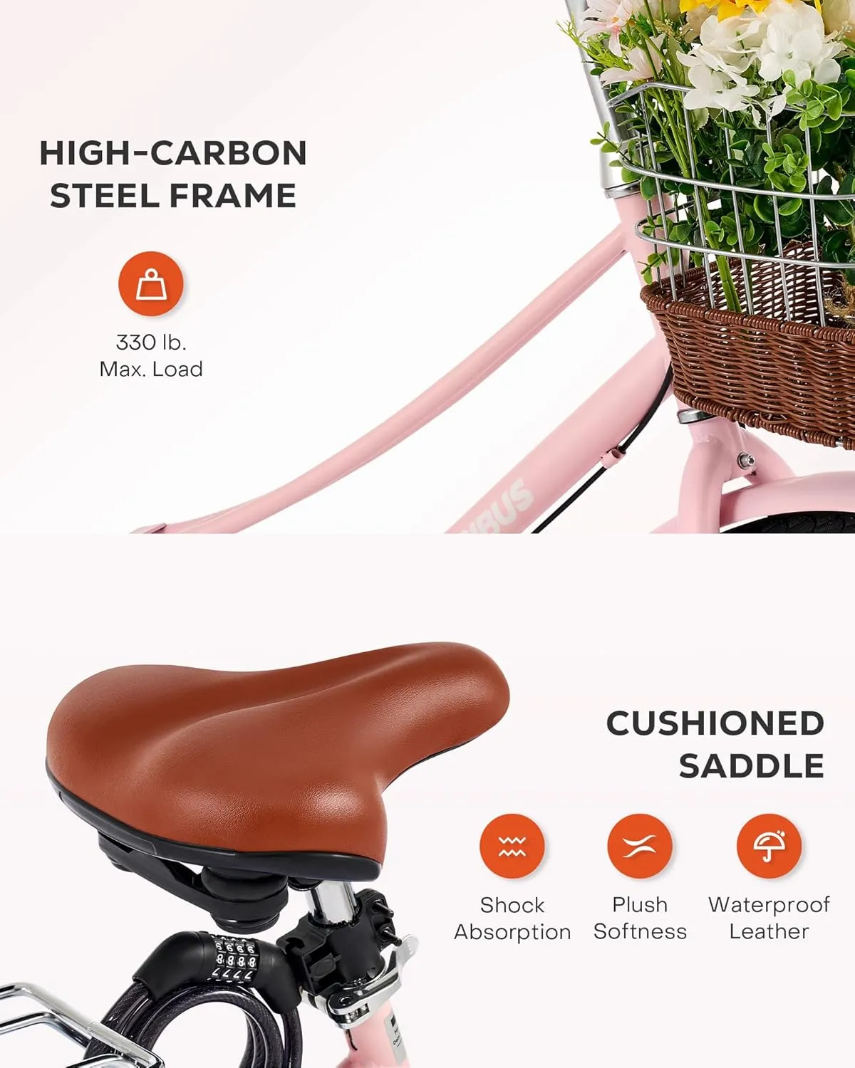Viribus Beach Cruiser Bike for Women, Step Through Bike with Ratten Basket, Rack & Lock, 24 26 inch 1 Speed, City Commuter Cruiser Bike, Adult Bicycle for Short Ladies Female Seniors 330 lb.