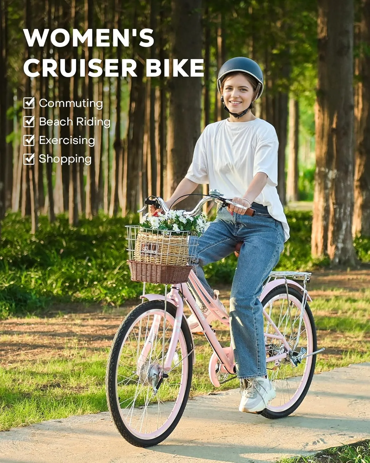 Viribus Beach Cruiser Bike for Women, Step Through Bike with Ratten Basket, Rack & Lock, 24 26 inch 1 Speed, City Commuter Cruiser Bike, Adult Bicycle for Short Ladies Female Seniors 330 lb.