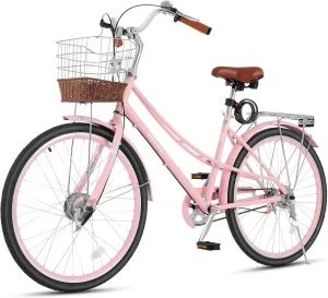 Viribus Beach Cruiser Bike for Women, Step Through Bike with Ratten Basket, Rack & Lock, 24 26 inch 1 Speed, City Commuter Cruiser Bike, Adult Bicycle for Short Ladies Female Seniors 330 lb.