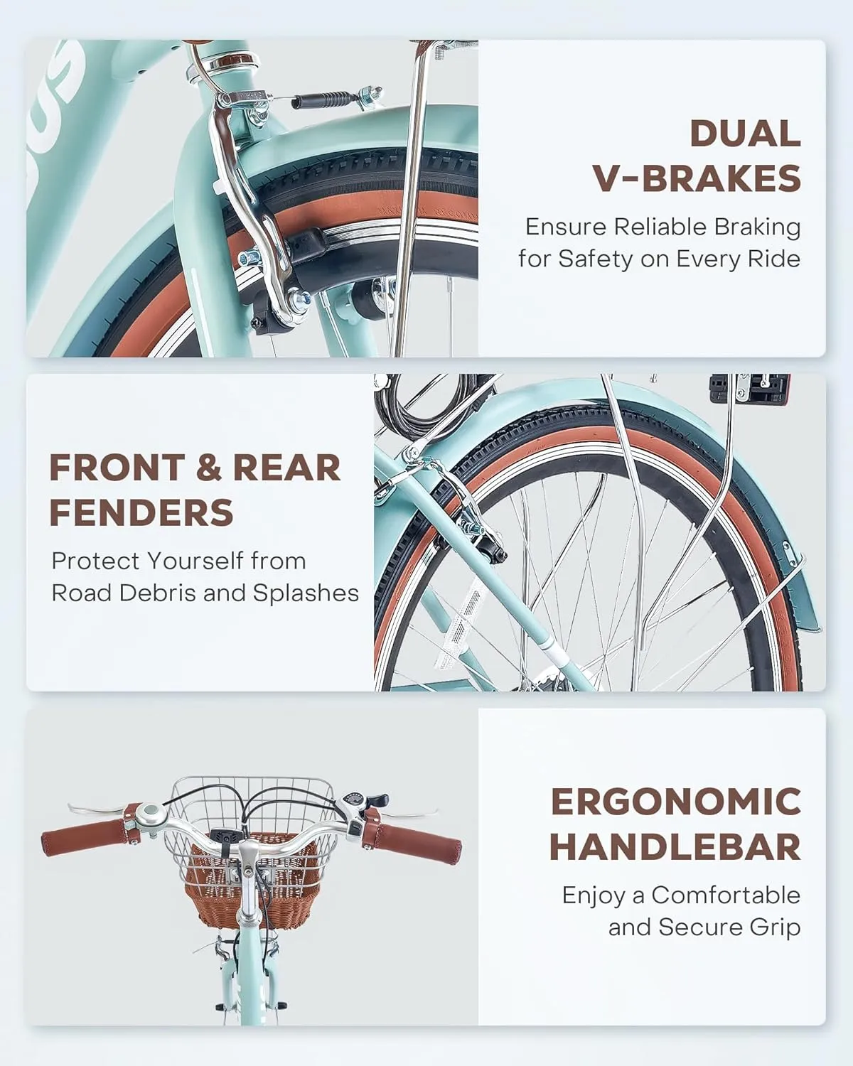 Viribus Womens Bike, 7 Speed Bike for Adult 24 26 in. with Ratten Basket & Rack, Beach Cruiser Bike for Women, Step Through Bicycle for City Commuter, Retro Bicycle Ladies Seniors Female 330 lb.