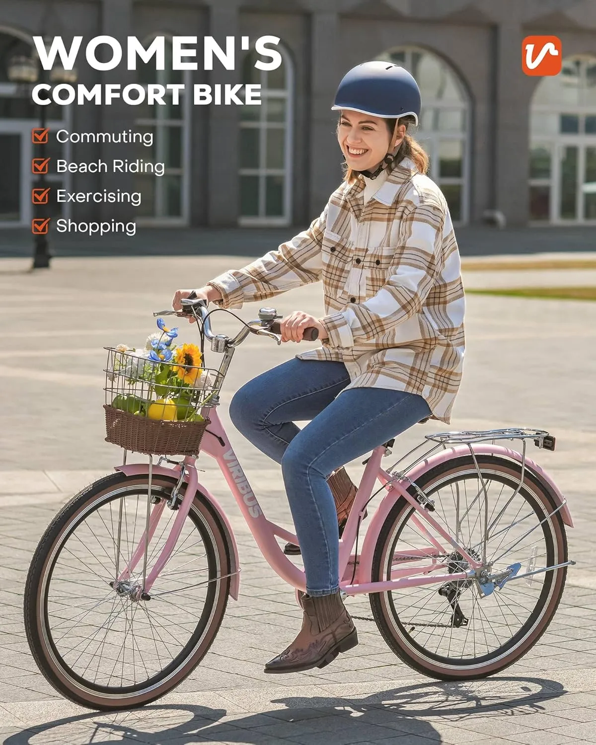 Viribus Womens Bike, 7 Speed Bike for Adult 24 26 in. with Ratten Basket & Rack, Beach Cruiser Bike for Women, Step Through Bicycle for City Commuter, Retro Bicycle Ladies Seniors Female 330 lb.