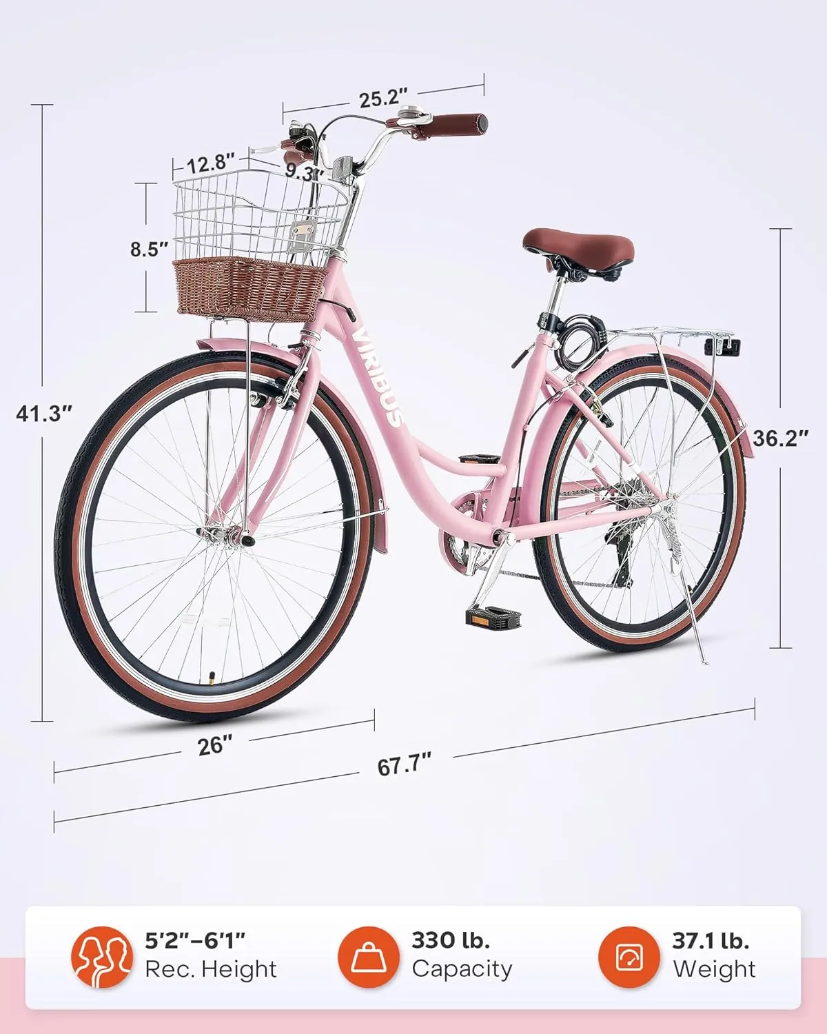 Viribus Womens Bike, 7 Speed Bike for Adult 24 26 in. with Ratten Basket & Rack, Beach Cruiser Bike for Women, Step Through Bicycle for City Commuter, Retro Bicycle Ladies Seniors Female 330 lb.