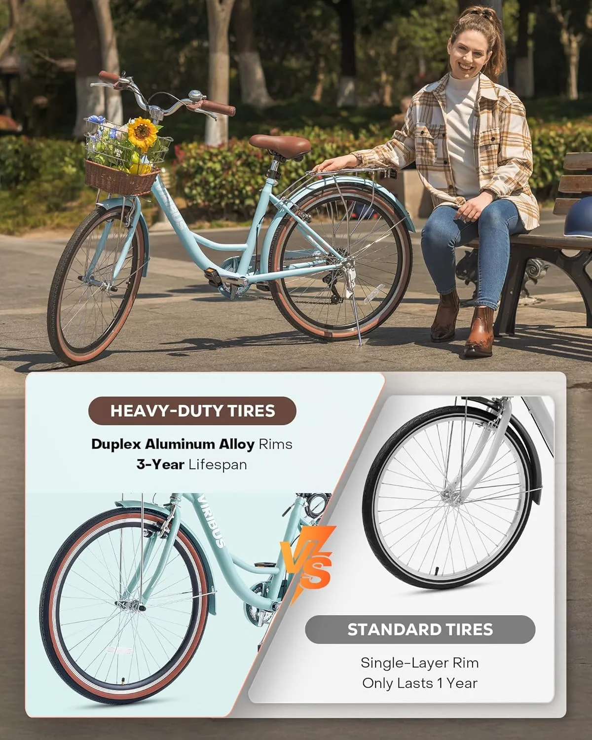 Viribus Womens Bike, 7 Speed Bike for Adult 24 26 in. with Ratten Basket & Rack, Beach Cruiser Bike for Women, Step Through Bicycle for City Commuter, Retro Bicycle Ladies Seniors Female 330 lb.