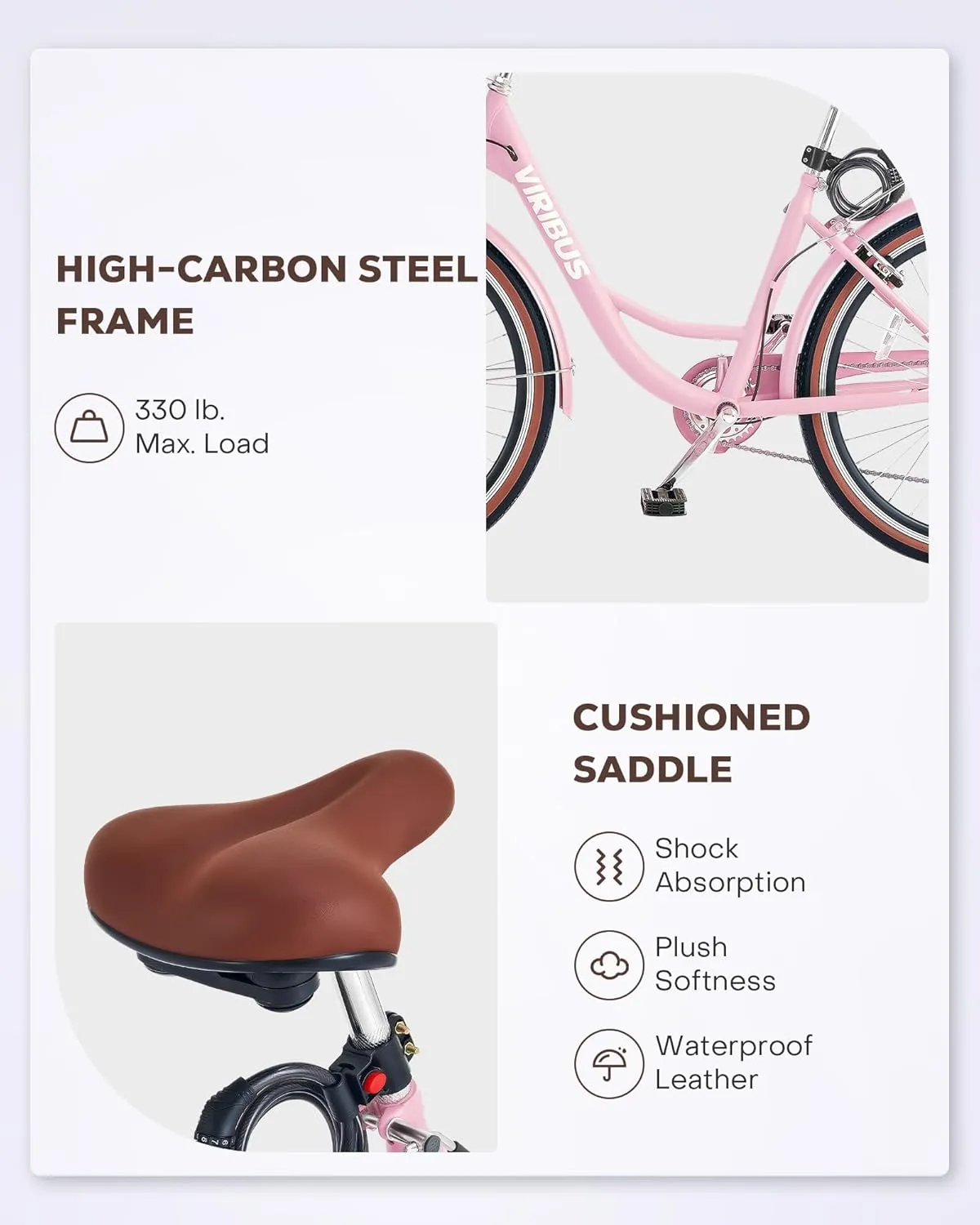 Viribus Womens Bike, 7 Speed Bike for Adult 24 26 in. with Ratten Basket & Rack, Beach Cruiser Bike for Women, Step Through Bicycle for City Commuter, Retro Bicycle Ladies Seniors Female 330 lb.