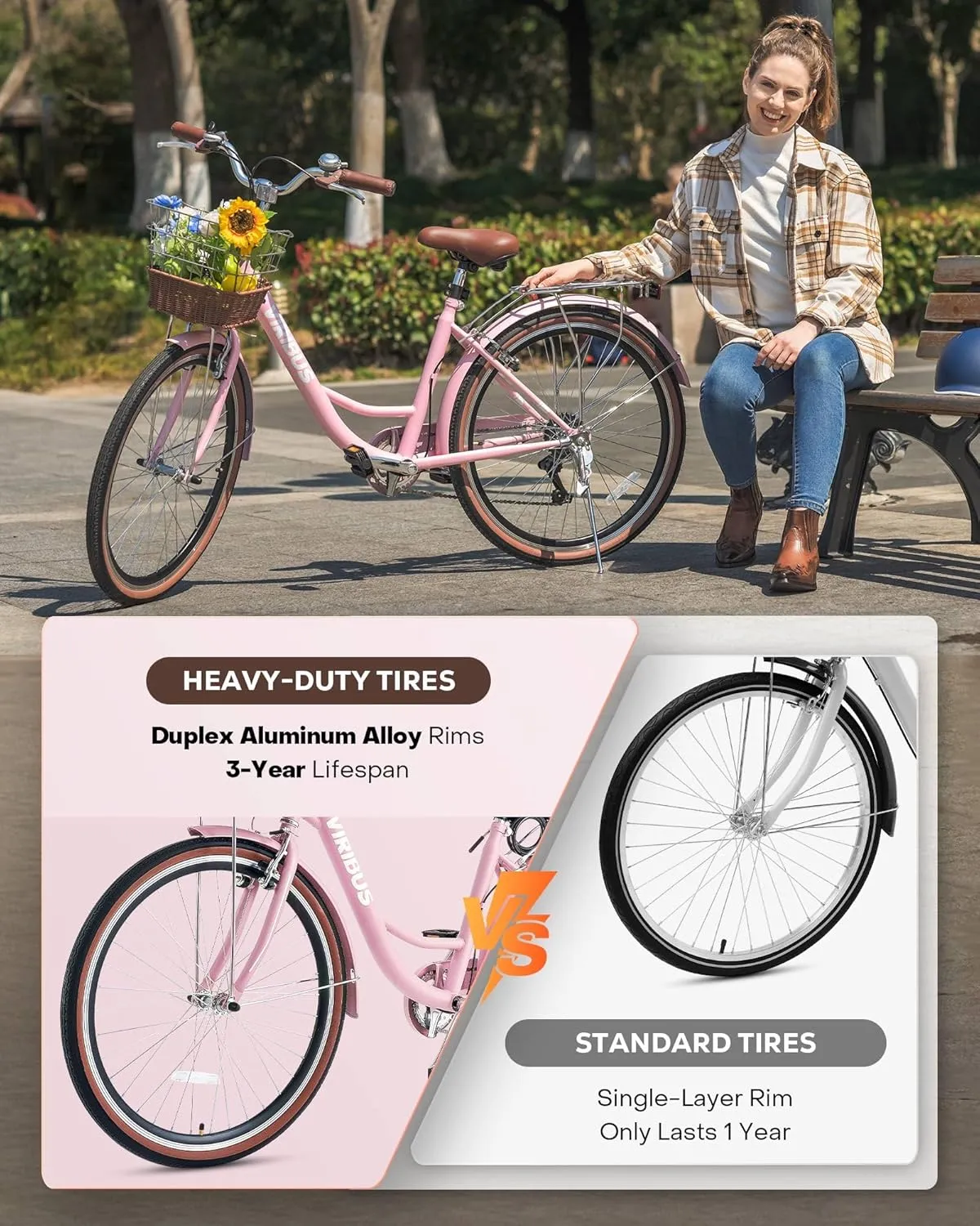 Viribus Womens Bike, 7 Speed Bike for Adult 24 26 in. with Ratten Basket & Rack, Beach Cruiser Bike for Women, Step Through Bicycle for City Commuter, Retro Bicycle Ladies Seniors Female 330 lb.