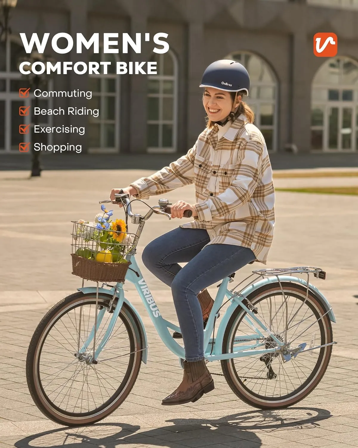 Viribus Womens Bike, 7 Speed Bike for Adult 24 26 in. with Ratten Basket & Rack, Beach Cruiser Bike for Women, Step Through Bicycle for City Commuter, Retro Bicycle Ladies Seniors Female 330 lb.