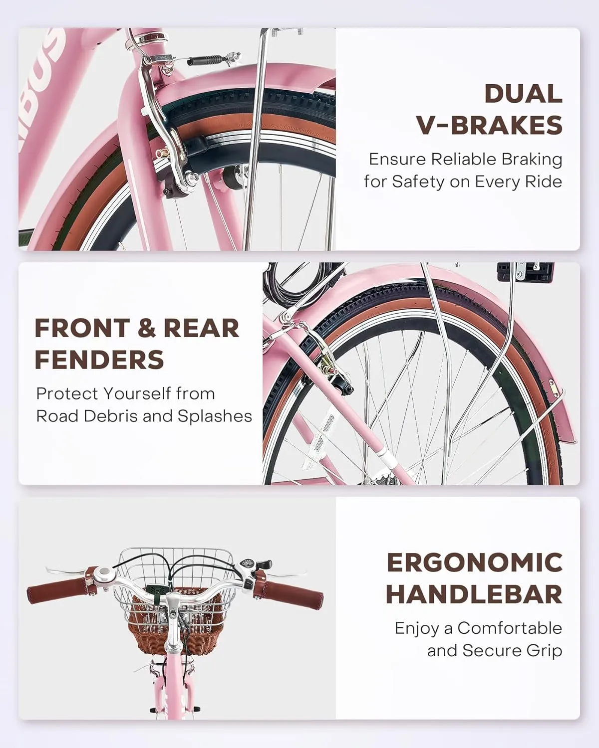 Viribus Womens Bike, 7 Speed Bike for Adult 24 26 in. with Ratten Basket & Rack, Beach Cruiser Bike for Women, Step Through Bicycle for City Commuter, Retro Bicycle Ladies Seniors Female 330 lb.