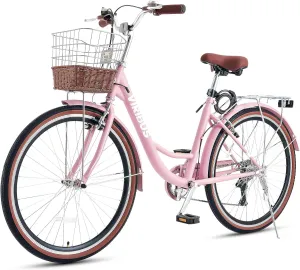 Viribus Womens Bike, 7 Speed Bike for Adult 24 26 in. with Ratten Basket & Rack, Beach Cruiser Bike for Women, Step Through Bicycle for City Commuter, Retro Bicycle Ladies Seniors Female 330 lb.