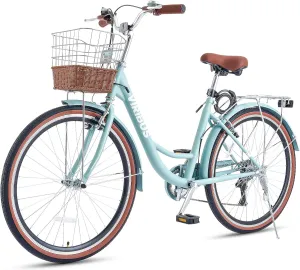 Viribus Womens Bike, 7 Speed Bike for Adult 24 26 in. with Ratten Basket & Rack, Beach Cruiser Bike for Women, Step Through Bicycle for City Commuter, Retro Bicycle Ladies Seniors Female 330 lb.