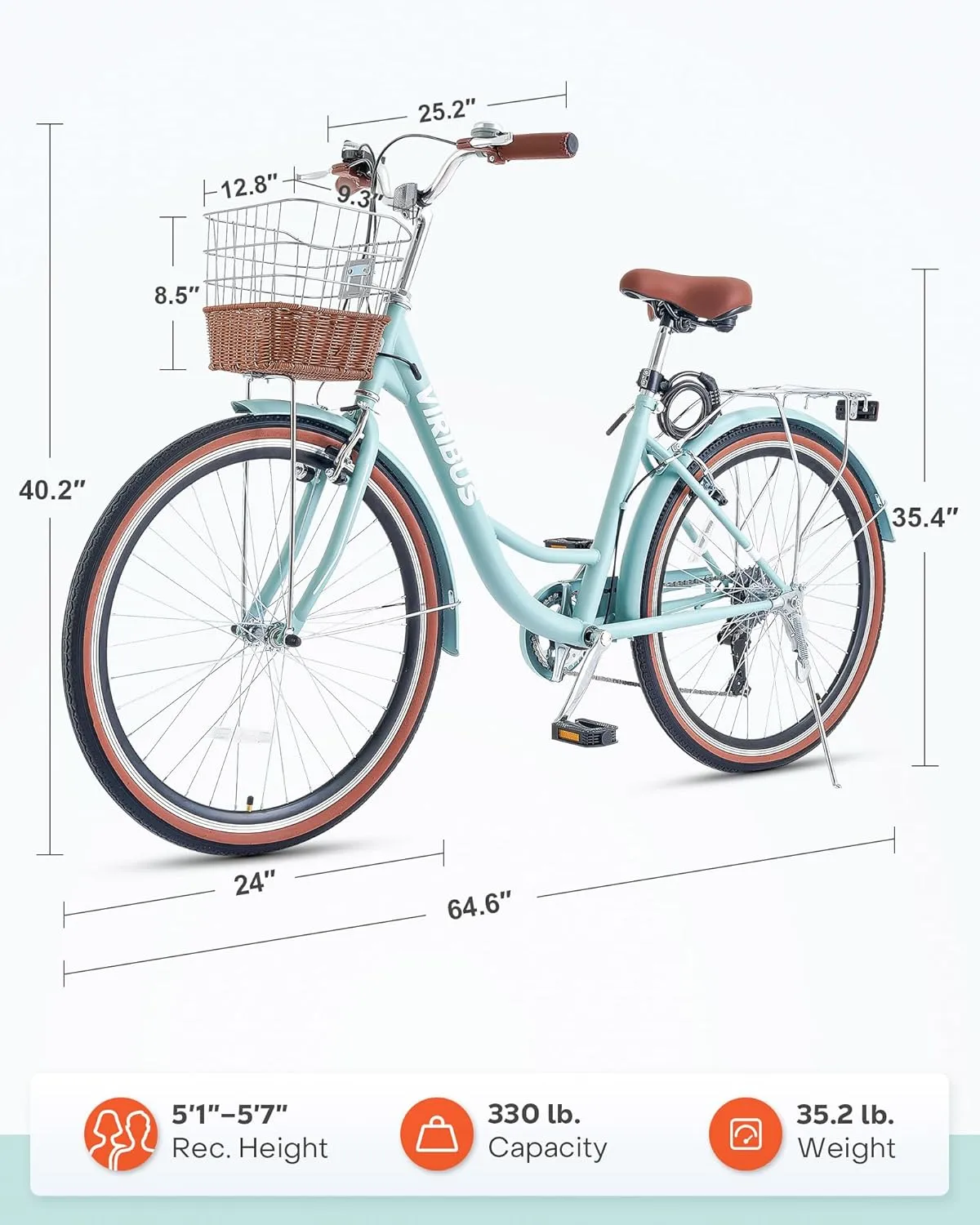 Viribus Womens Bike, 7 Speed Bike for Adult 24 26 in. with Ratten Basket & Rack, Beach Cruiser Bike for Women, Step Through Bicycle for City Commuter, Retro Bicycle Ladies Seniors Female 330 lb.