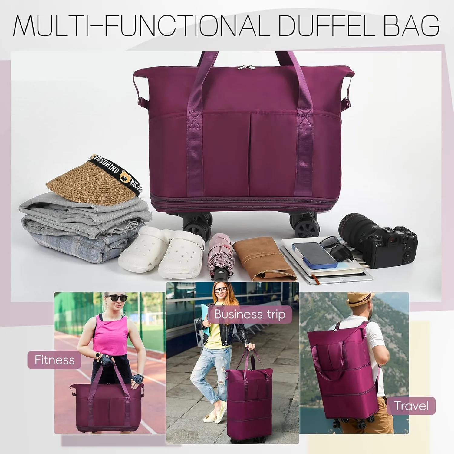 VOOWO Duffel Bag with Wheels - Rolling Foldable Expandable Duffle Bag with Wheel for Travel, Rolling Luggage Bag Carry On Travel Bag with Wheels, Large Wheeled Overnight Weekender Bags (Deep Purple)