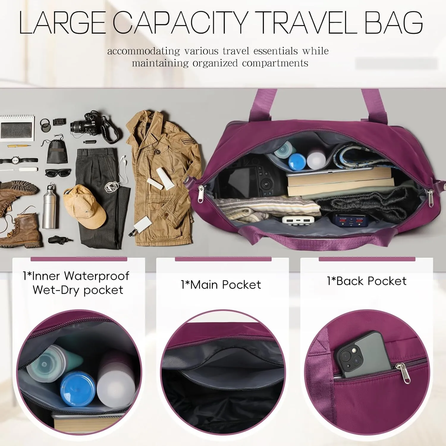 VOOWO Duffel Bag with Wheels - Rolling Foldable Expandable Duffle Bag with Wheel for Travel, Rolling Luggage Bag Carry On Travel Bag with Wheels, Large Wheeled Overnight Weekender Bags (Deep Purple)