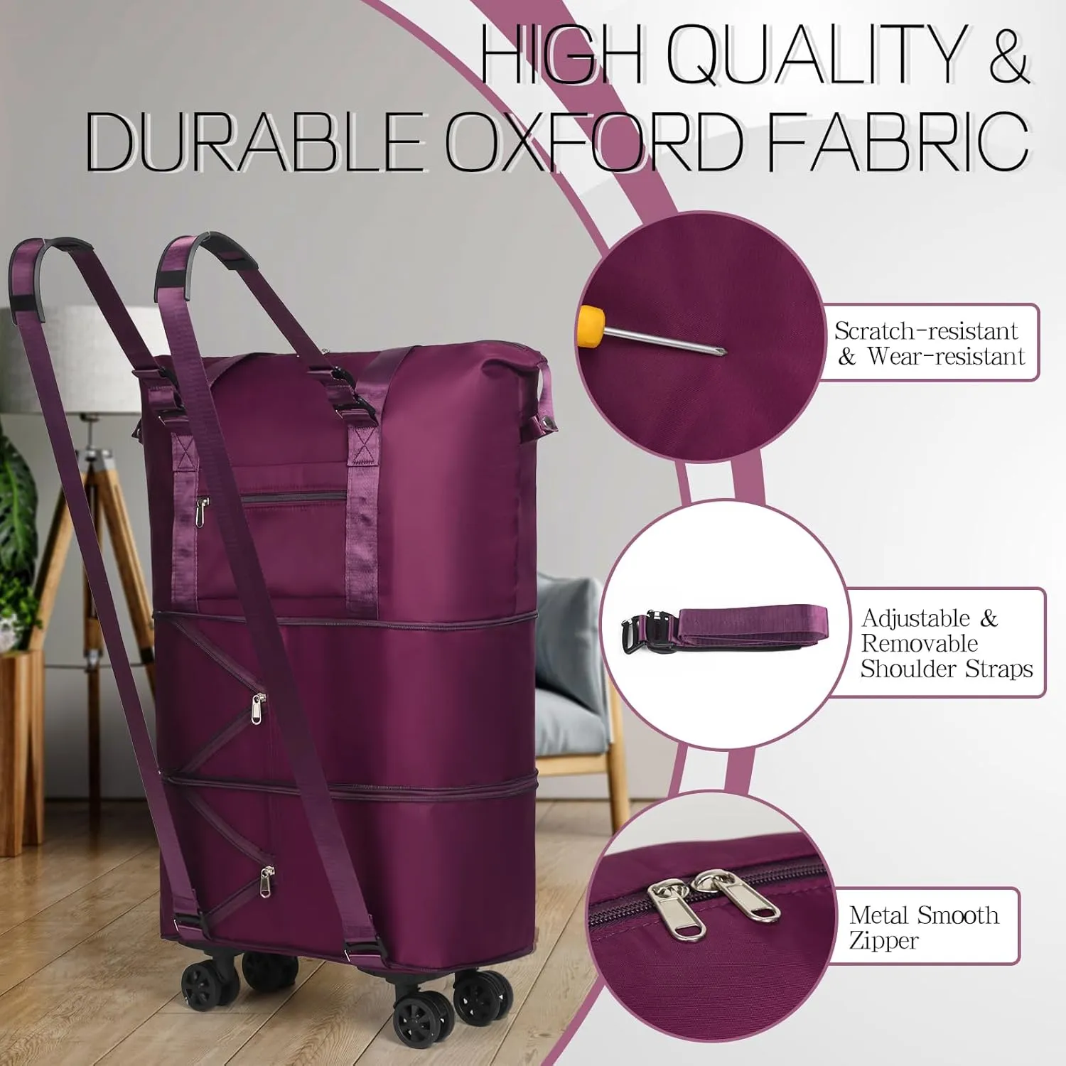VOOWO Duffel Bag with Wheels - Rolling Foldable Expandable Duffle Bag with Wheel for Travel, Rolling Luggage Bag Carry On Travel Bag with Wheels, Large Wheeled Overnight Weekender Bags (Deep Purple)